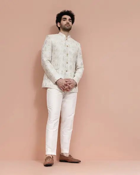 White Men Ethnic Motifs Woven Design Jodhpuri Bandhgala