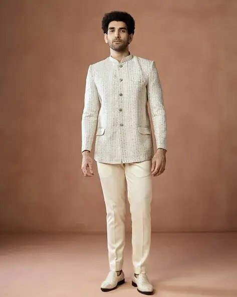 Cream Men Regular Fit Bandhgala Jackets