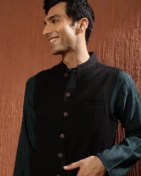 Black Nehru Jacket With Welt Pockets