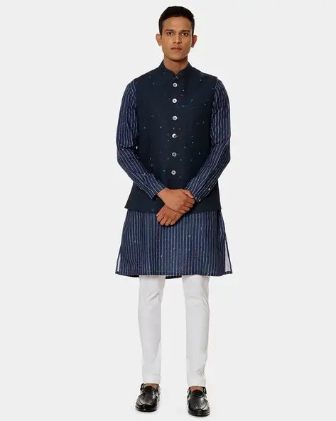 Blue Printed Nehru Jacket With Mandarin Collar