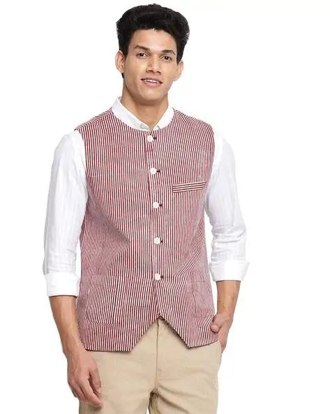 Red Striped Andarin Collar Nehru Jac