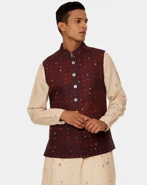 Maroon Printed Nehru Jacket With Mandarin Collar