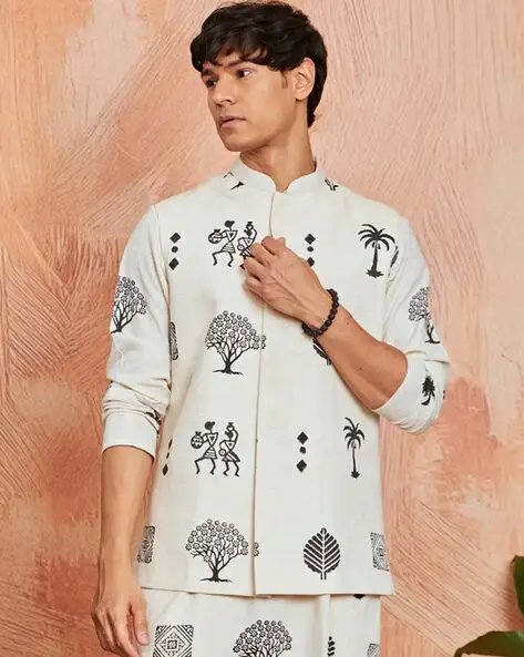 Cream Men Tribal Print Regular Fit Jacket