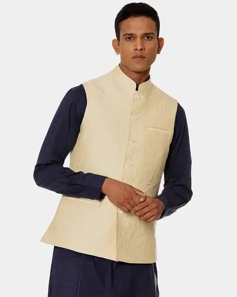 Textured Nehru Jacket With Mandarin Collar