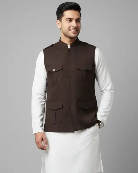 Coffee Men Regular Fit Shirt Nehru Jacket With Flap Pockets