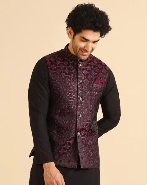 Maroon Men Regular Fit Nehru Jacket