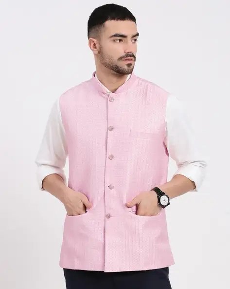 Pink Men Patterned Slim Fit Nehru Jacket