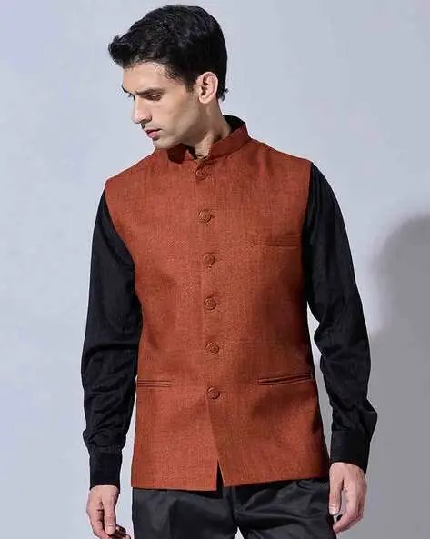 Brown Men Slim Fit Nehru Jacket