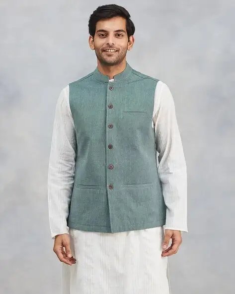 Green Men Relaxed Fit Nehru Jacket