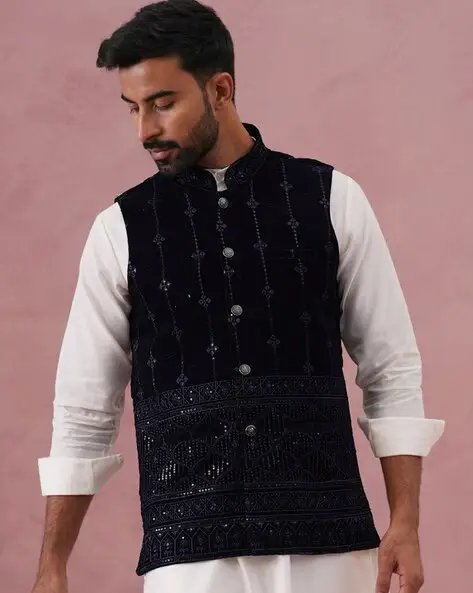 Navy Velvet Sequin Embroidered Nehru Jacket