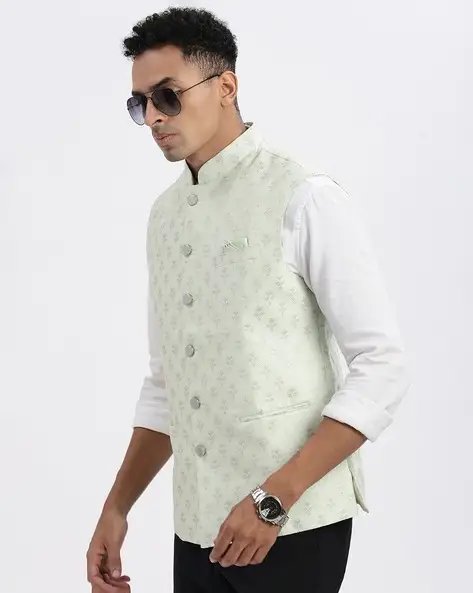 Green Men Leaf Woven Slim Fit Nehru Jacket