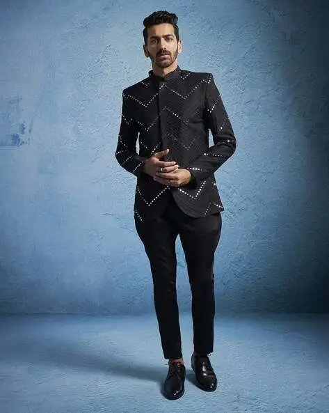 Black Men Embellished Mirror Work Jodhpuri Coat