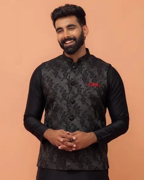 Black Floral Print Nehru Jacket