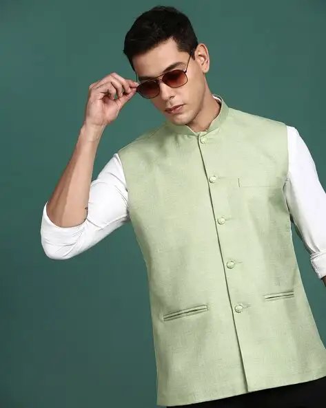 Green Men Slim Fit Nehru Jacket With Welt Pockets
