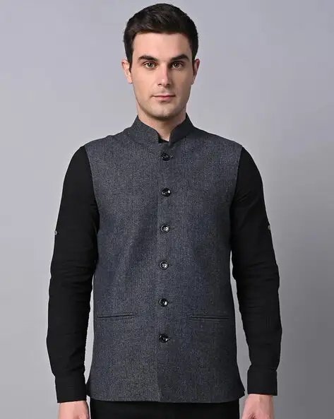 Charcoal Men Nehru Jacket With Welt Pockets