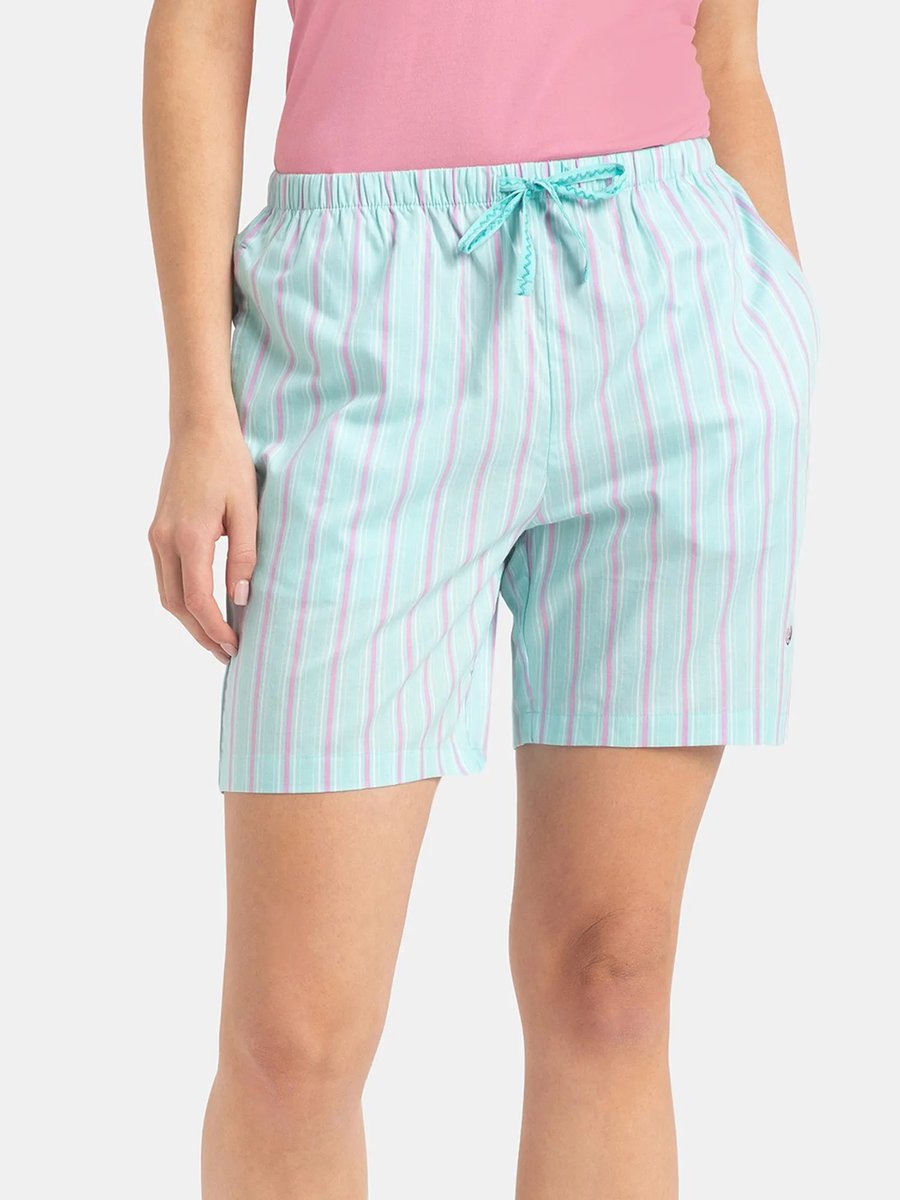 Women Super Combed Cotton Striped Shorts Aqua Sky