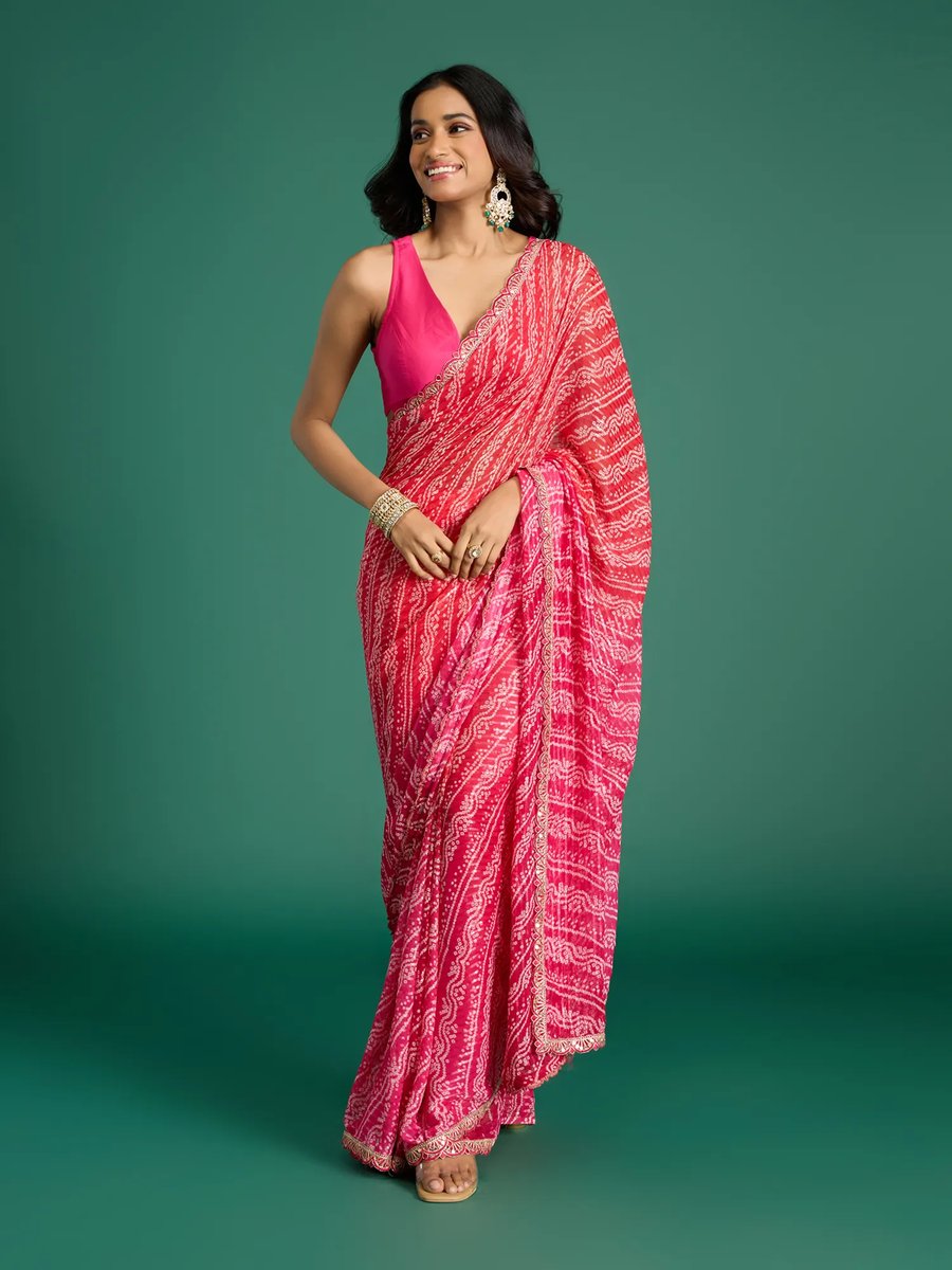 Print Diamonte Fuchsia Saree With Unstitched Blouse