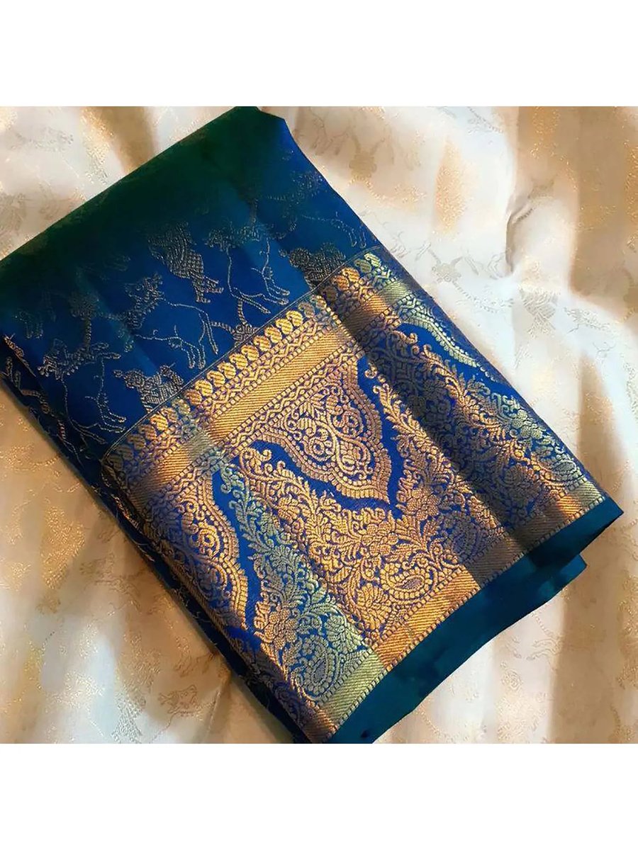 Blue Designer Banarasi Silk Kanjivaram Saree With Unstitched