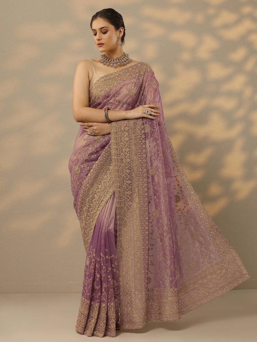 Womens Mauve Embroidered Net Saree Unstitched Blouse