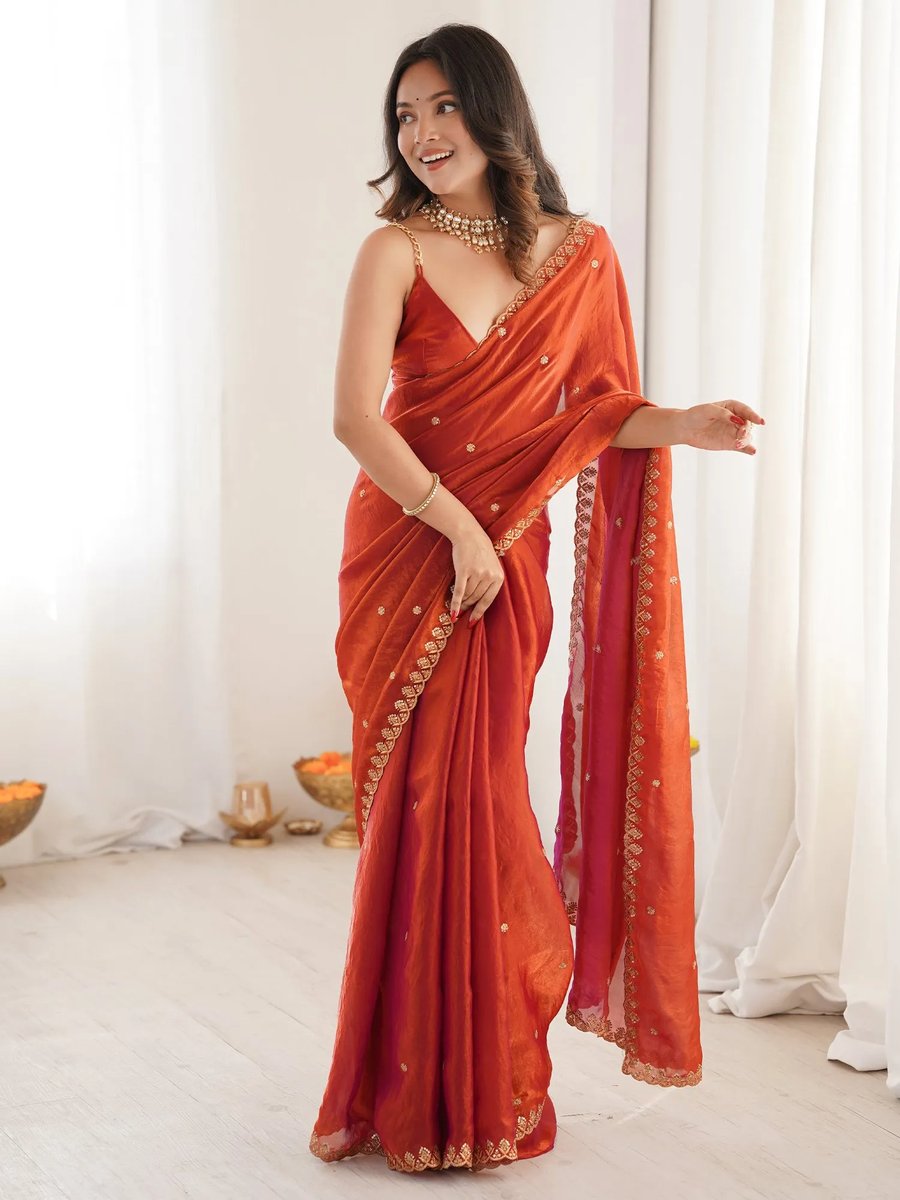 Paper Silk Copper Embellished Designer Saree With Unstitched