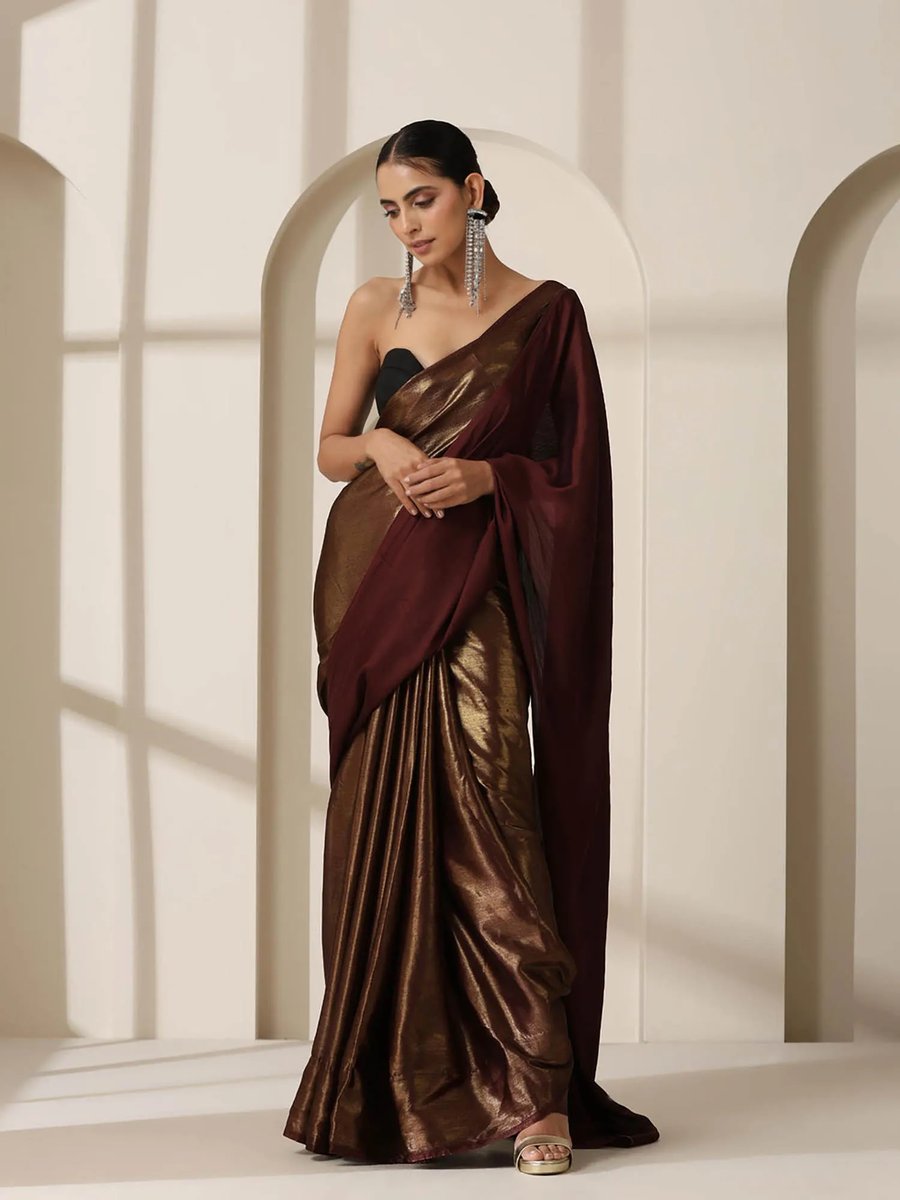 Gold Chocolate Chiffon Saree With Unstitched Blouse