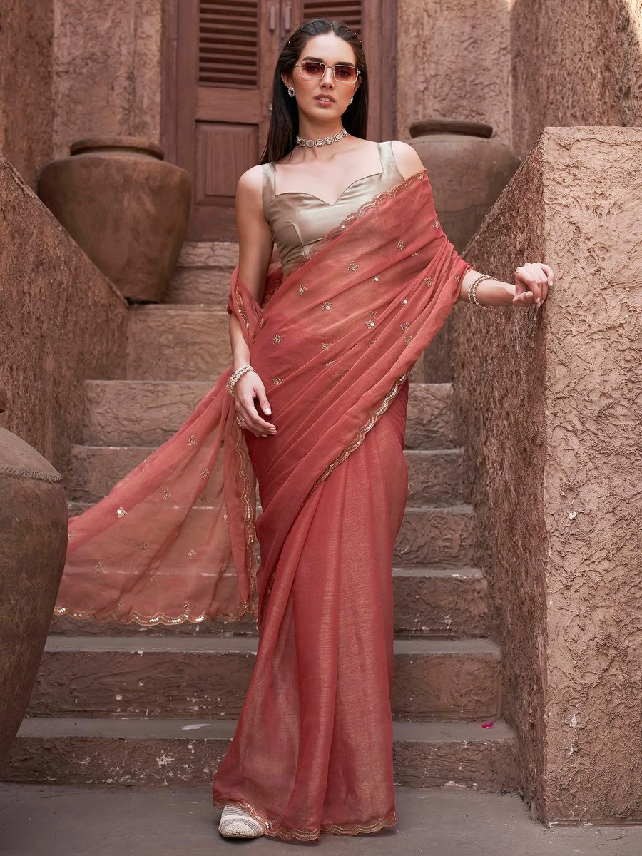 Thread Work Chiffon Saree With Unstitched