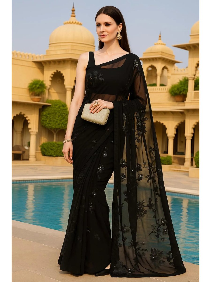 Women Paper Silk Grey Embellished Saree With Unstitched Blouse