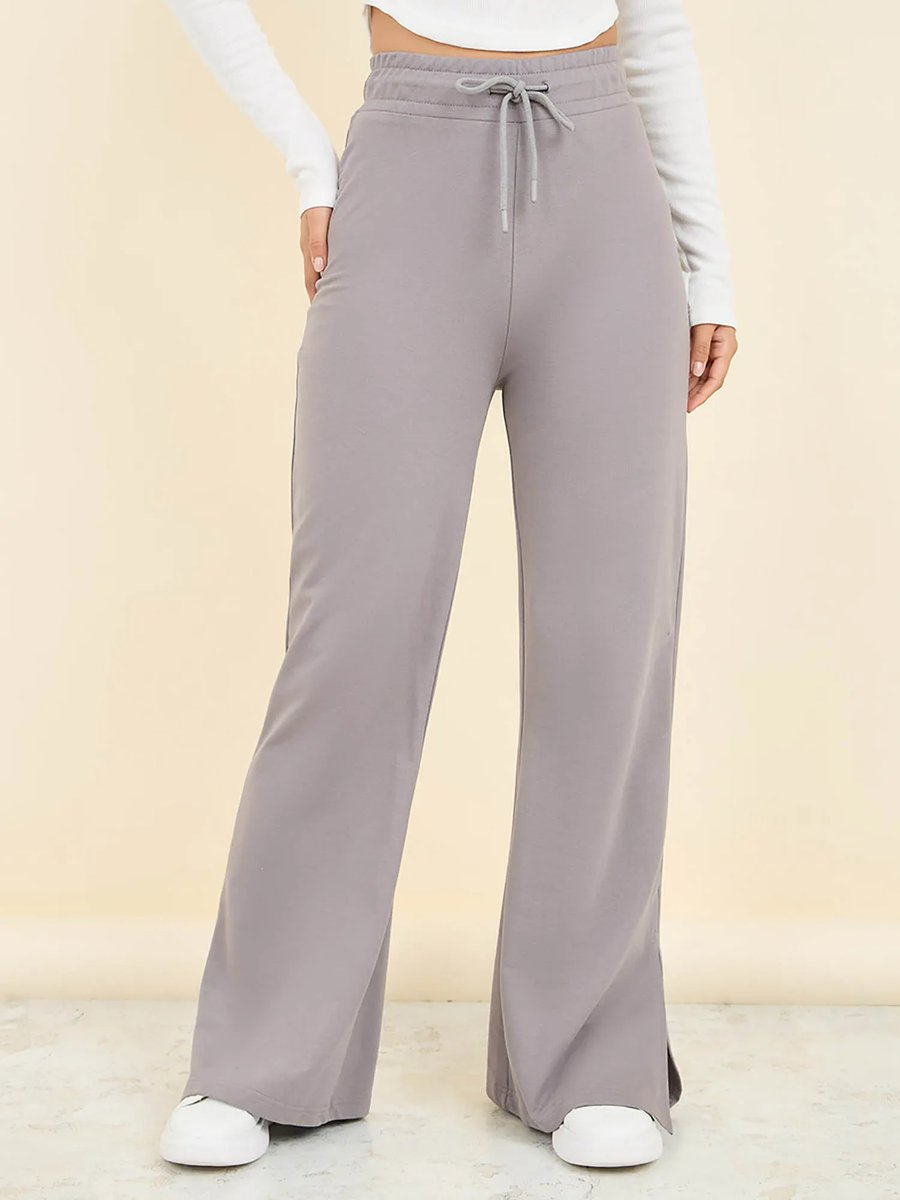 Grey Cotton French Terry Slim Fit Joggers With Hem Slit