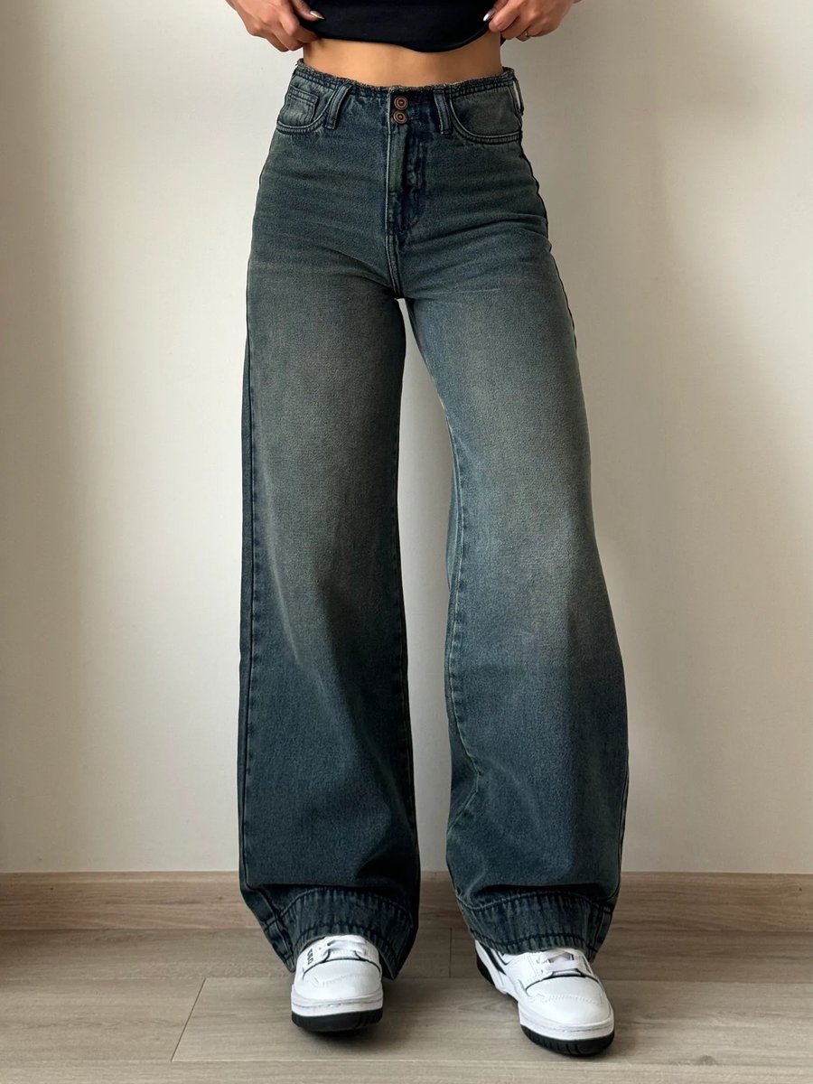 Blue High Waist Floral Pocket Wide Leg Jeans