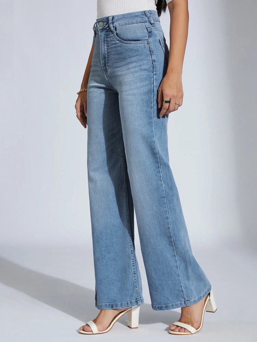Women Blue Wide High Waist Jeans
