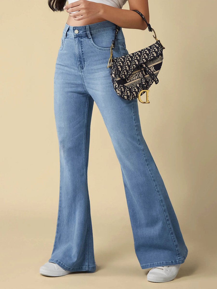 Blue Flared Wide Leg High Rise Non Stretchable Jeans
