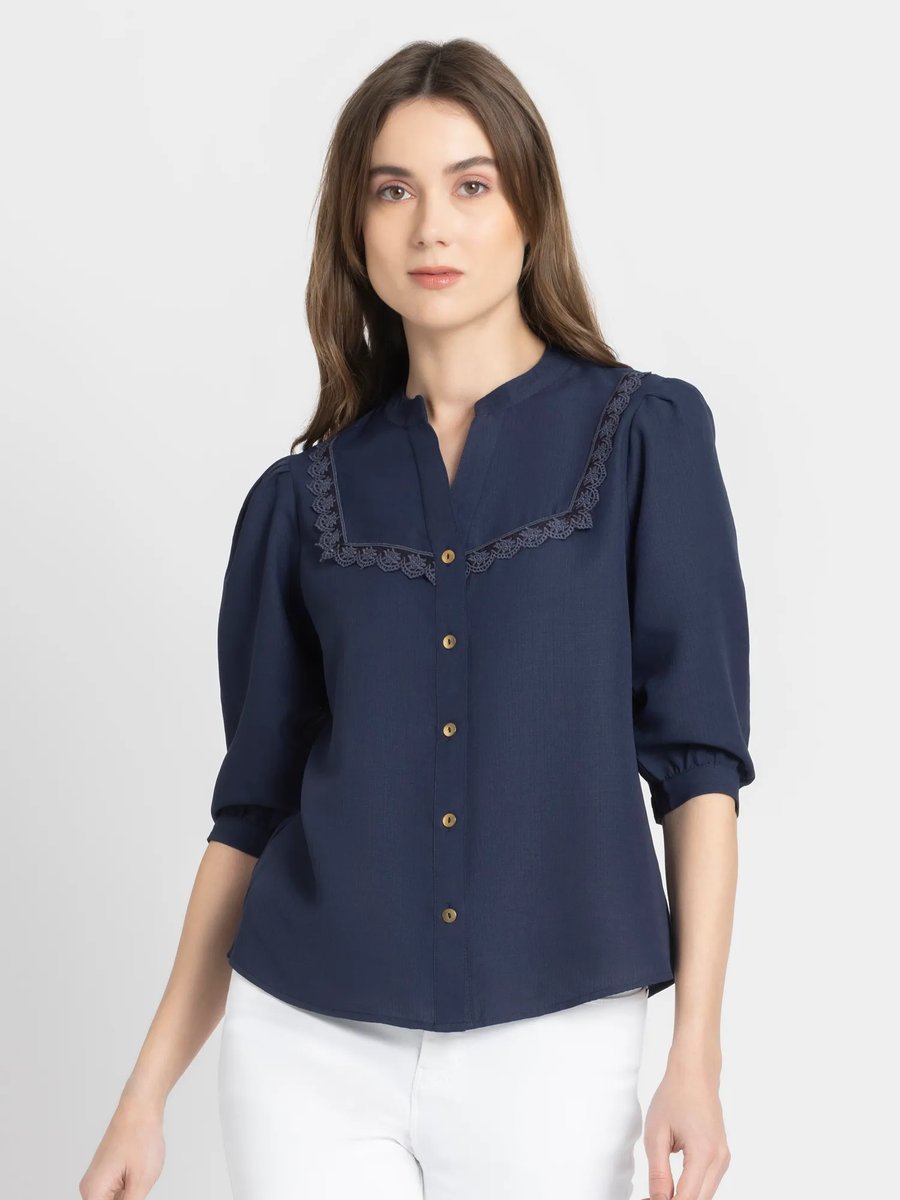 Navy Blue Solid Three Quarter Sleeves Casual Tops