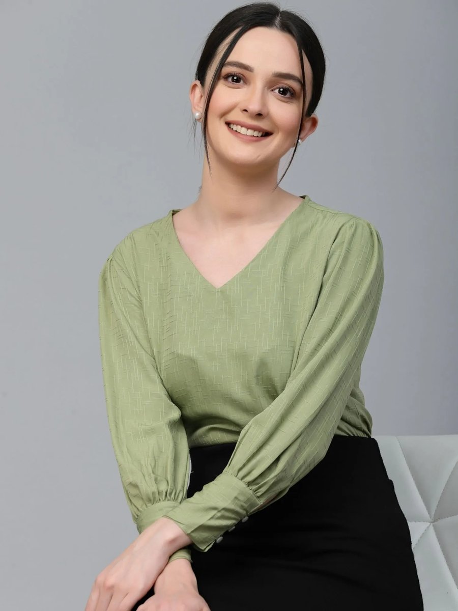 Green Self Design Polyester Regular Smart Casual Top