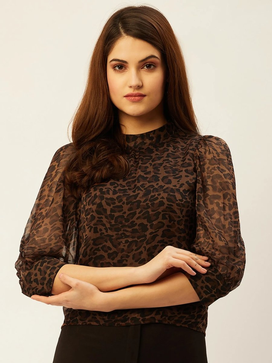 Brown Green Chiffon Regular Top
