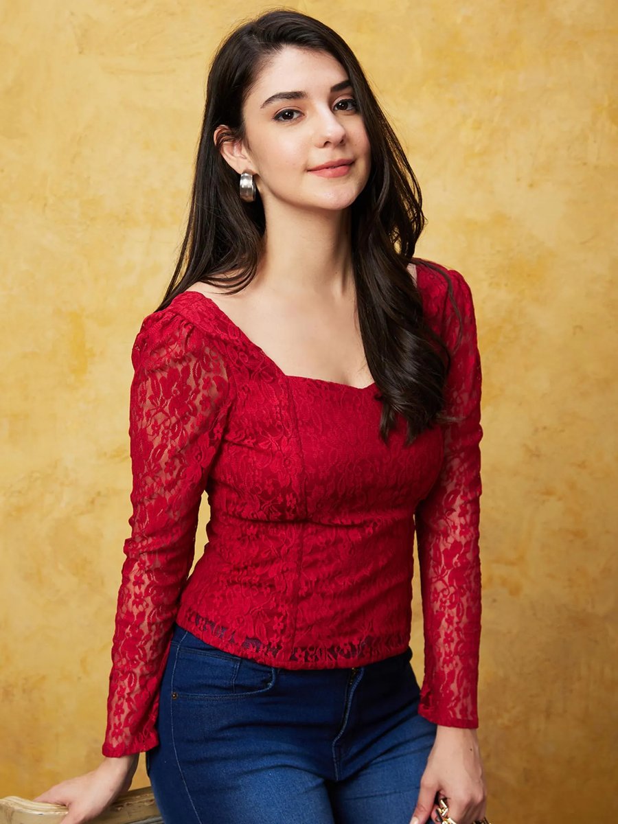 Red Self Design Sweetheart Neck Top