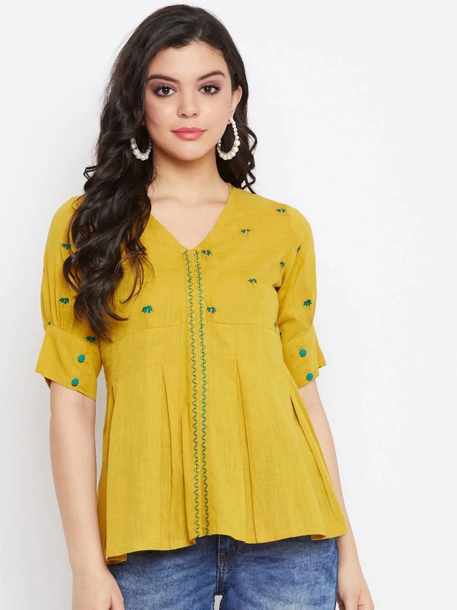 Mustard Women Embroidered Box Pleated Top