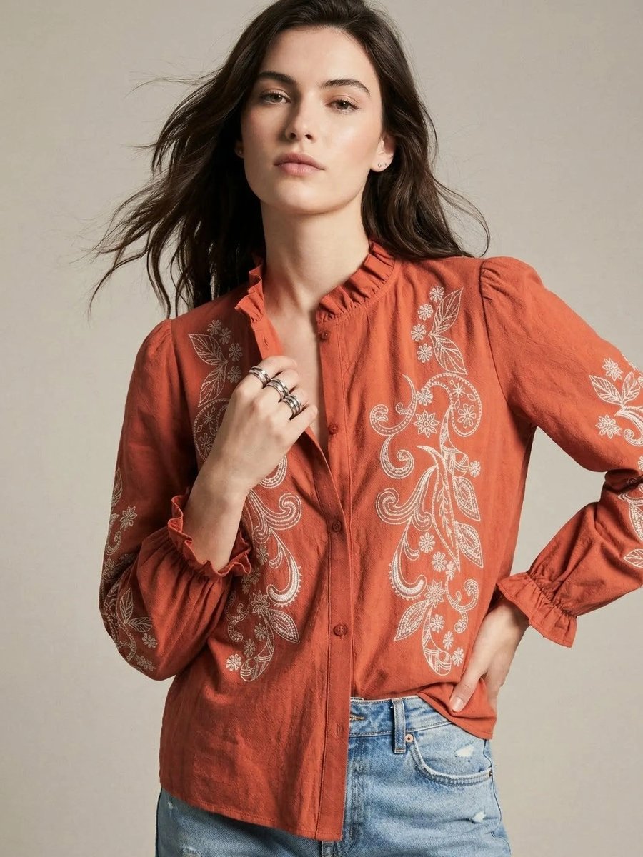 Patterned Mandarin Neck Top