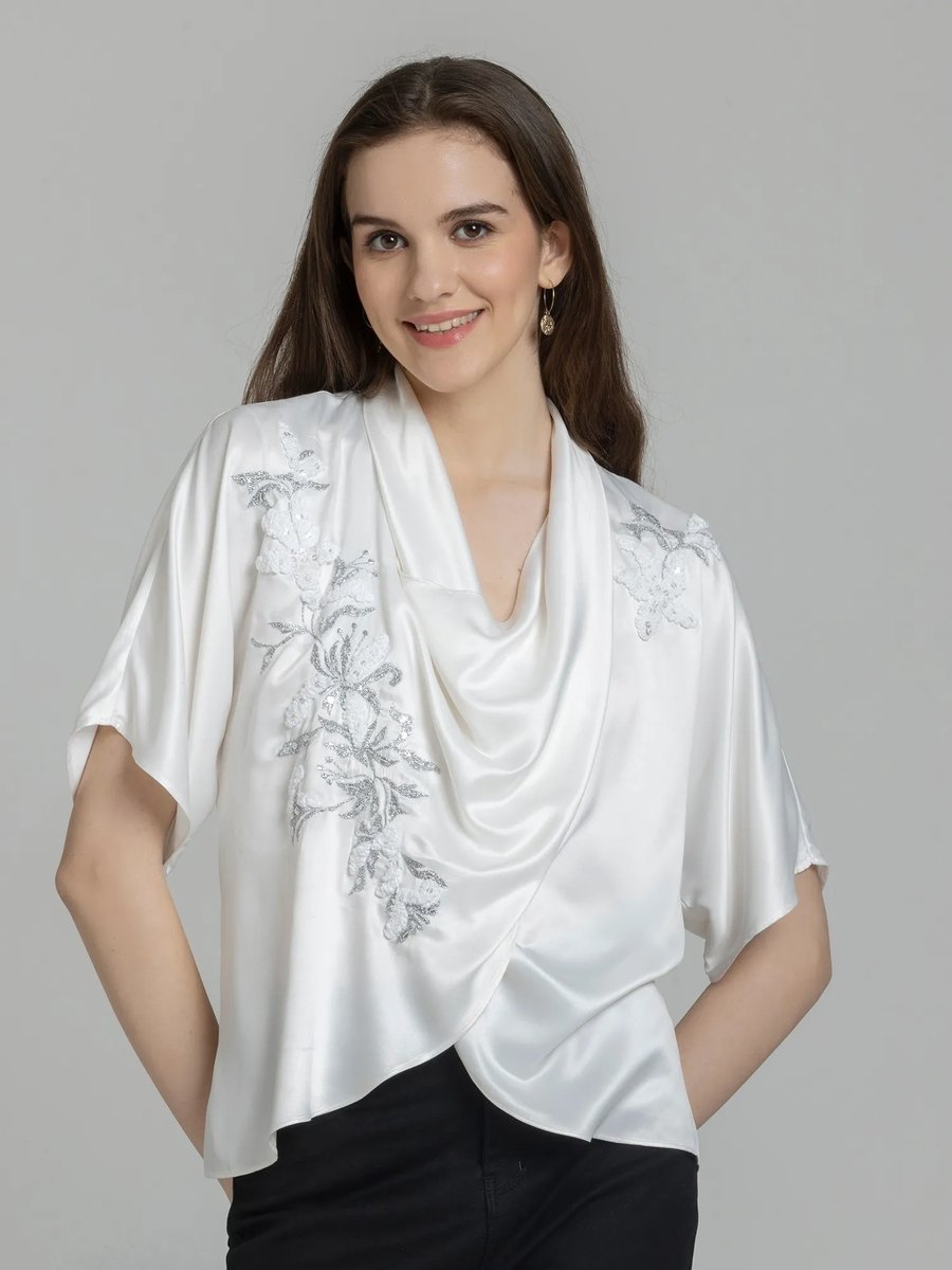 Neck Embroidered Short Sleeves Party White Top
