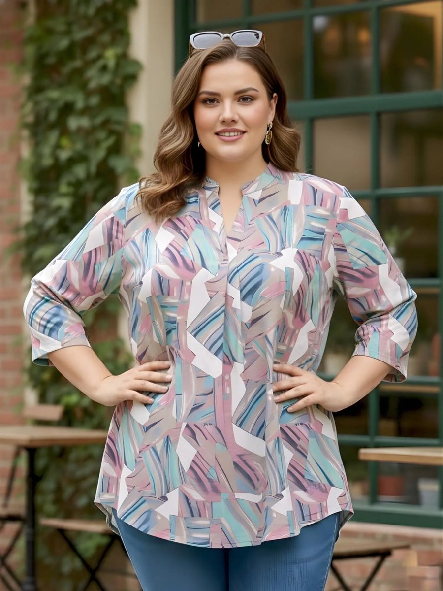 Abstract Print Rayon Centre Pleat Tunic Pink