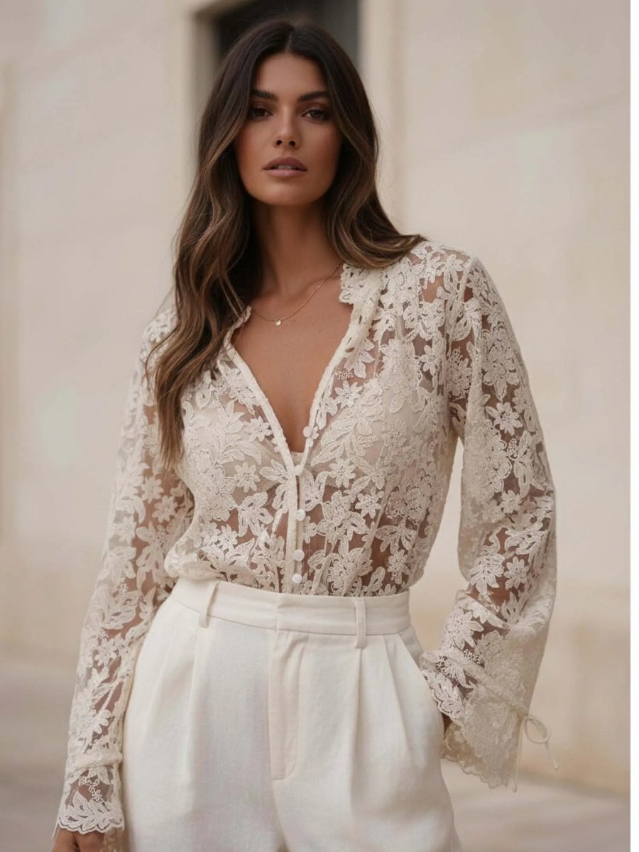Embroidered V Neck Mesh Cream Top