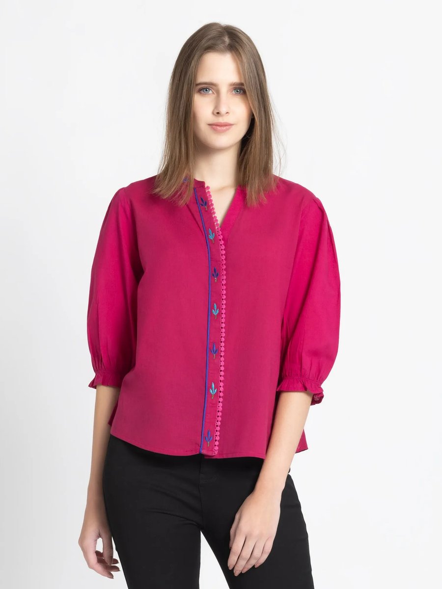 Pink Embroidered Three Quarter Sleeves Casual Tops For Women
