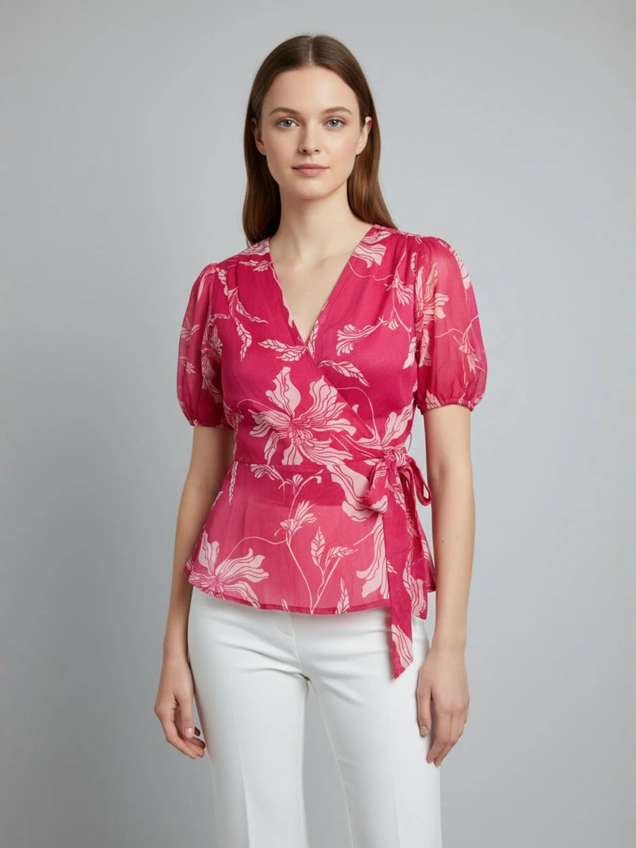 Women Floral Printed Hot Pink V Neck Puff Sleeve Chiffon Wrap Top Pink